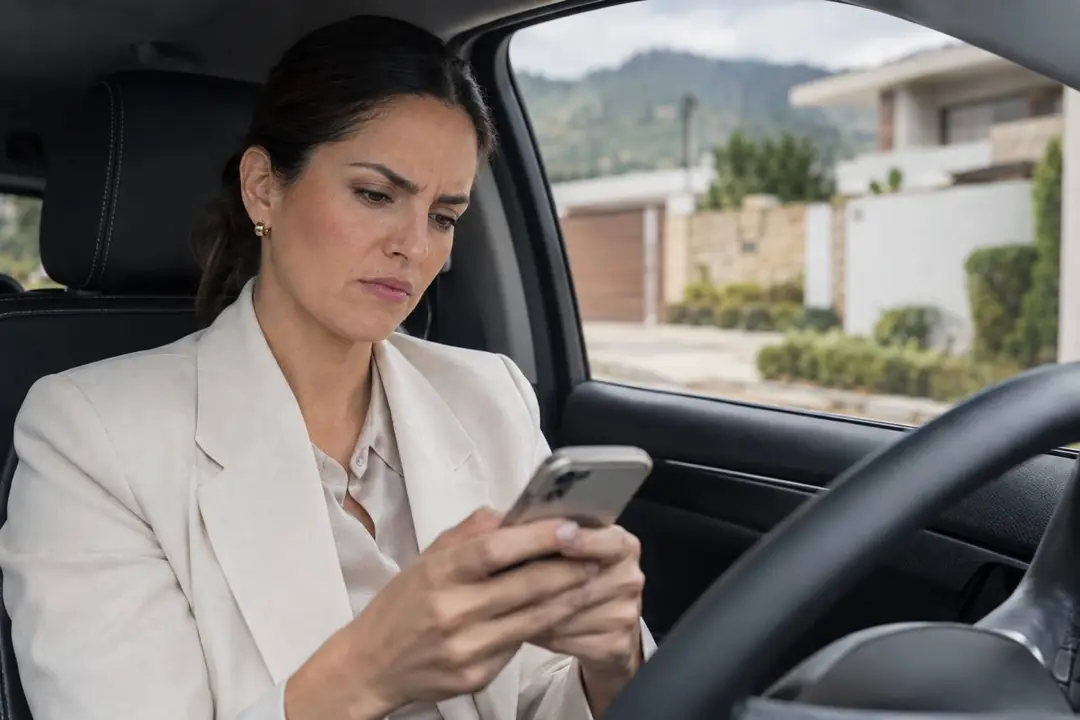 Agente inmobiliaria dentro de su auto, revisando mensajes en el celular con fastidio