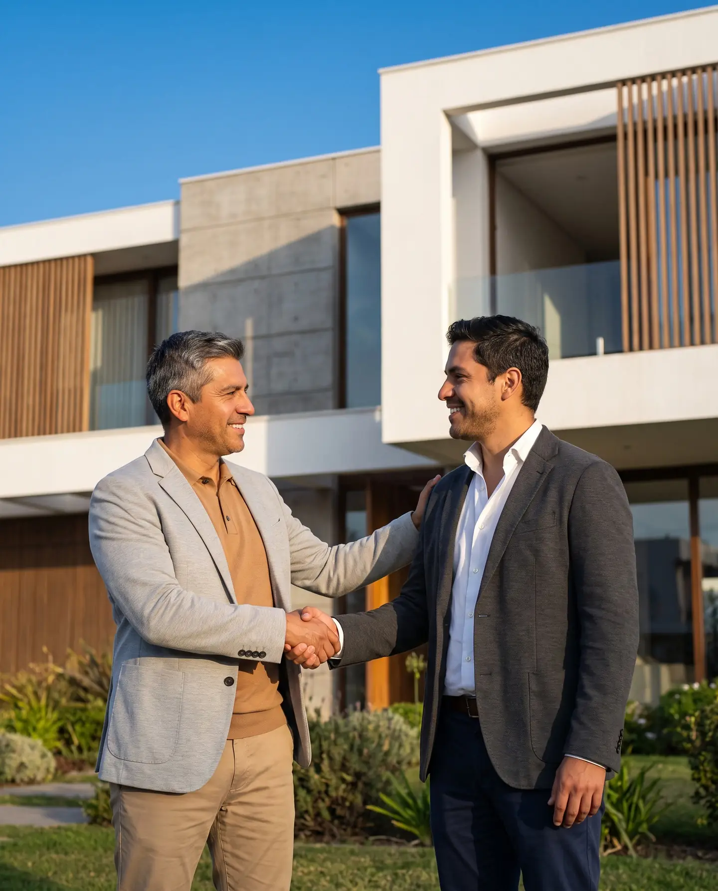 Dos agentes inmobiliarios se saludan con un apretón de manos frente a una casa moderna